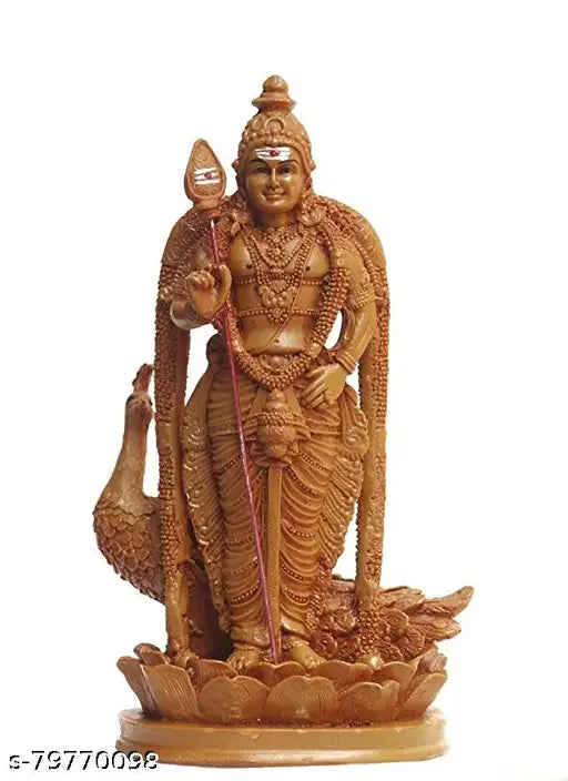 Brown Polymarble statue of Lord Subrahmanya Swamy with Vel and Peacock, God Idol (24cm)