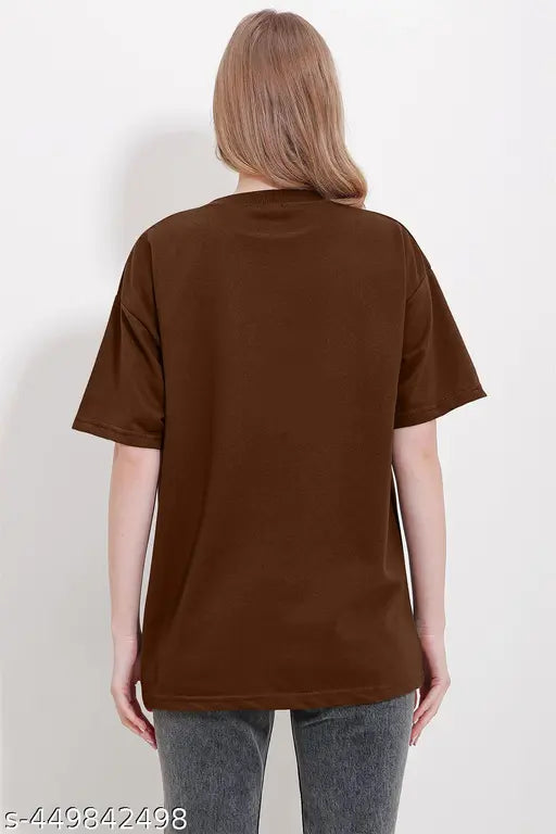 Brown short-sleeve t-shirt with a crew neck, worn by a model on a white background