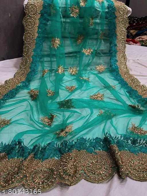 Net Green embroidered saree with separate blouse, Indian heavy butterfly net saree featuring embellishments
