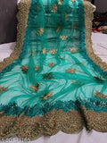 Net Green embroidered saree with separate blouse, Indian heavy butterfly net saree featuring embellishments