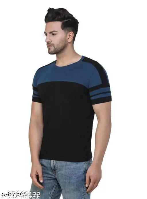 Cotton colorblocked men's round neck t-shirt, short sleeves, India origin