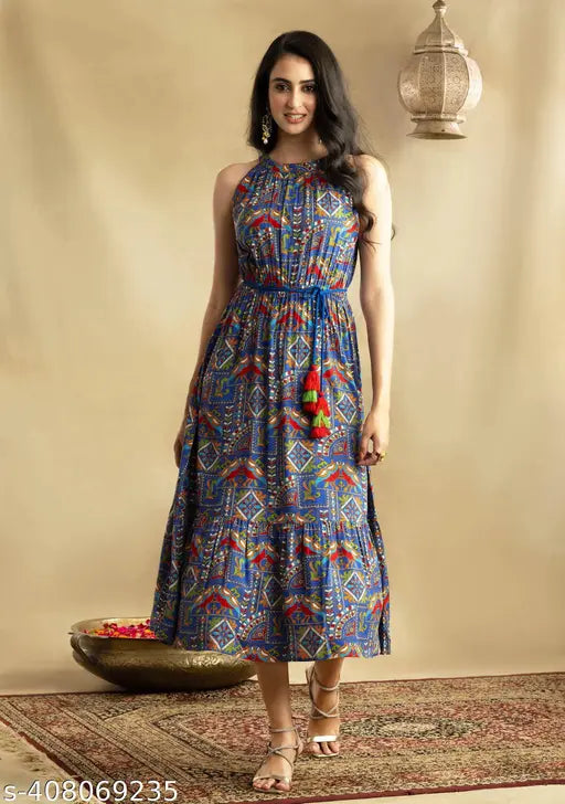 Printed rayon sleeveless ANIRA dress, vibrant Indian-inspired combo pattern