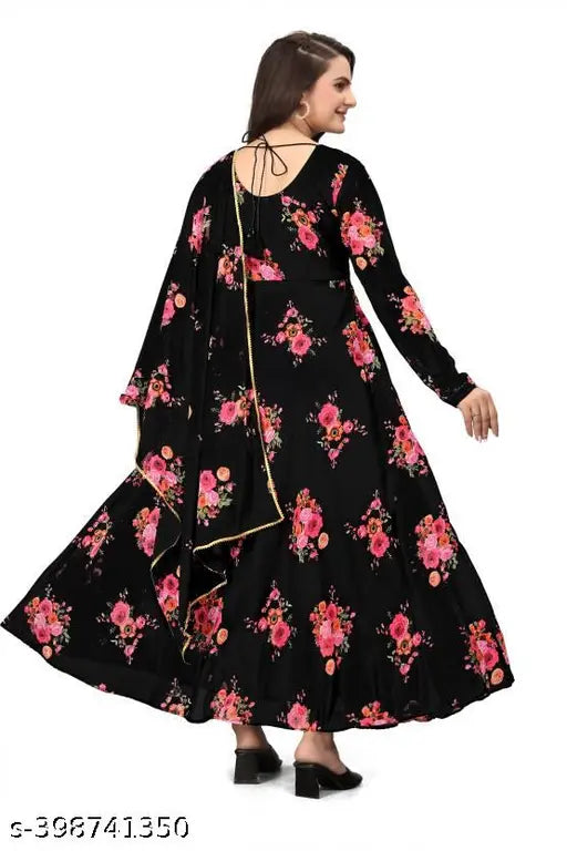 Black Georgette print women's party gown with inner crepe, adjustable belt, and included dupatta