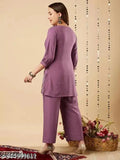 Embroidered net cotton blend kurta set with palazzos, three-quarter sleeves. Single size from India