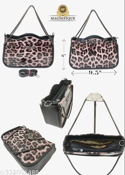 Fancy black crossbody sling bag with leopard print trim