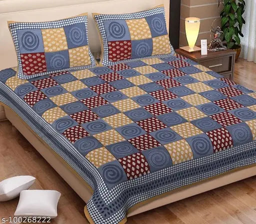 Sanganeri cotton printed double bedsheet & 2 pillow covers, superfine quality for summer, ideal for adults. India origin