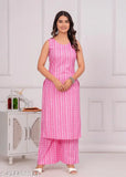 Striped viscose rayon kurta palazzo set for couples, sleeveless and versatile Indian fashion on display
