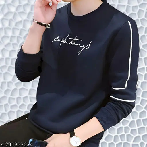 Navy Blue Cotton-Blend Long Sleeve Round Neck Men's T-Shirt with Printed Design - Indian made, trendy and comfortable gymwear
