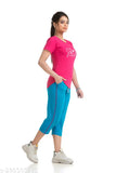 Women's cotton blended capri top & set, solid color, stretchable & breathable fabric, mid-rise, suitable for daily wear, cycling, gym, yoga, or special occasions. Available in sizes M (30-24-30), L (32-25-32), XL (34-26-34). Made in India