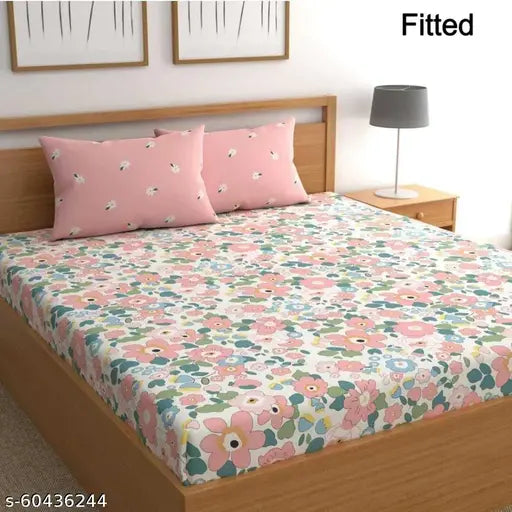 Premium king-size glace cotton bedsheet, fully elasticated fitted with botanical pattern, two large pillow covers - ideal for summer adult use