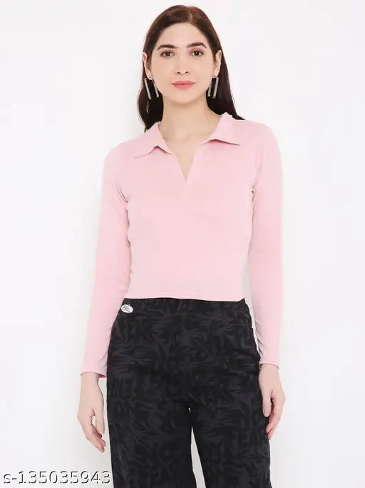 Pink ribbed solid full sleeve tank top, women's polyester, high-fashion mid waist crop length design