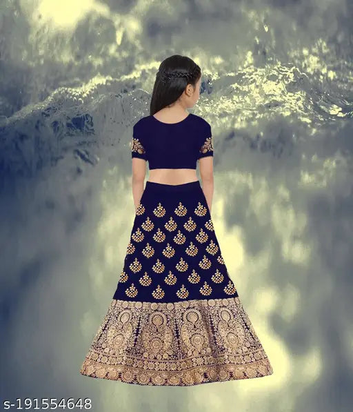 Embellished satin lehenga choli set for girls aged 3-15 years, semi-stitched Indian wedding wear with short sleeves and net dupatta