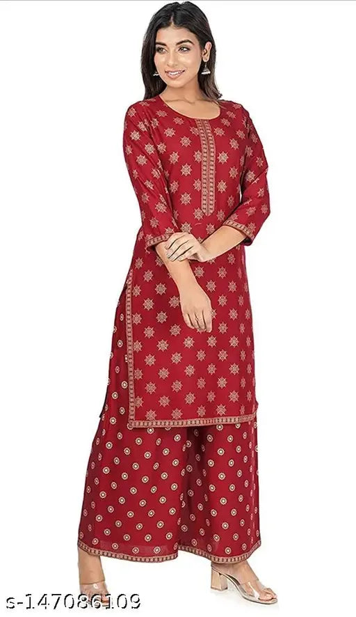 Gold-printed kurta with palazzo pants, long sleeves, knee-length