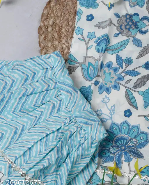 Pure cotton printed kurti sharara set with dupatta for baby girls, vibrant colors, half sleeves jaipuri sanganeri print. Ethnic Indian festive wear, extra comfortable sharara with elastic. Available sizes: 12-18M (16in/16in), 2-3Y (20in/20in), 3-4Y (22in/22in), 4-5Y (24in/24in), 5-6Y (26in/26in). Made in India