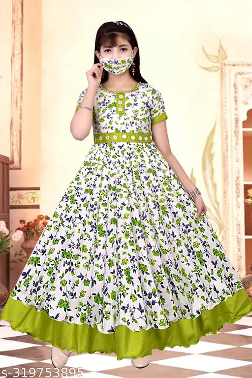 Green cotton blend short sleeve casual western wear gown dress for girls, stylish and versatile for any occasion