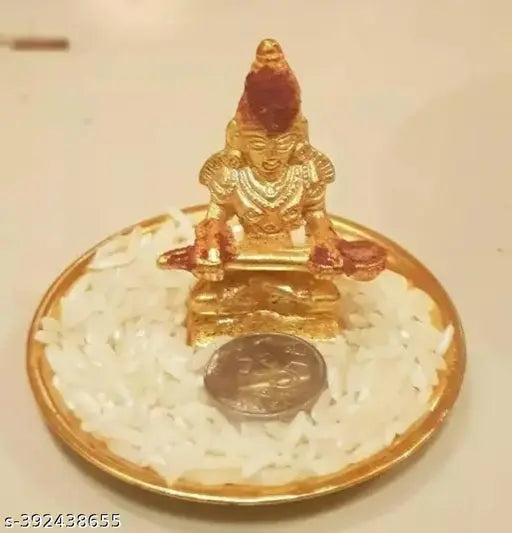 Pure brass Annapurna Devi statue, Indian god idol with Kashi Vishvanath coin, 2.5 cm x 5 cm