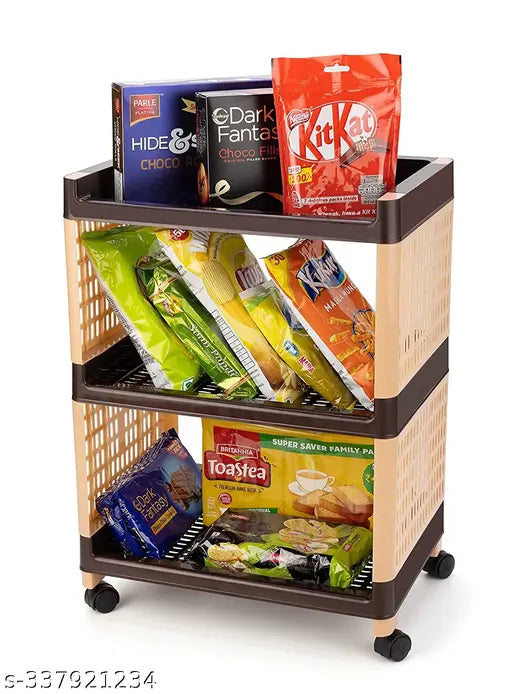 Three tiered rolling storage organizer kitchen and office rack brown and cream