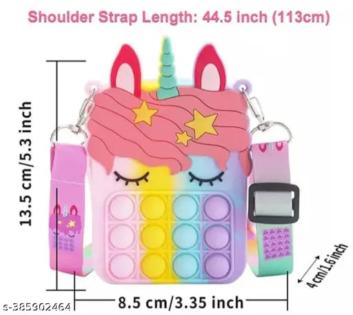 A pink and purple unicorn Popple bag with a handle, featuring a smiley face on top