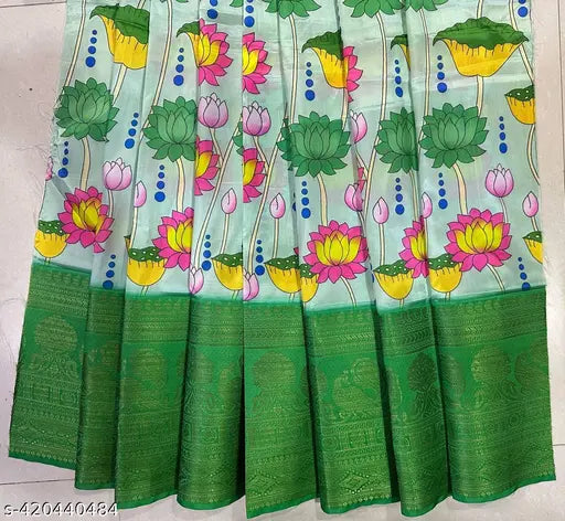 Green cotton silk and satin kalamkari lehenga choli (un-stitched), featuring heavy embroidery work on the blouse with a digital print pattern. Suitable for kids aged 3 to 8 years old, originating from India