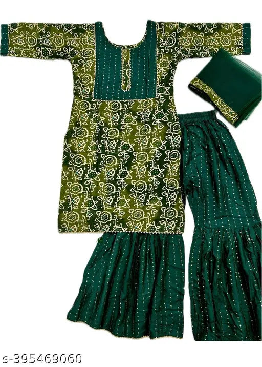 Dark green kids kurti garara set with cotton dupatta, traditional sharara bottom and long sleeves for party wear in sizes 7-8 years, 13-14 years. Indian ethnic wear collection