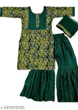 Dark green kids kurti garara set in printed cotton, traditional sharara style for parties (size 7-8 years or 13-14 years)