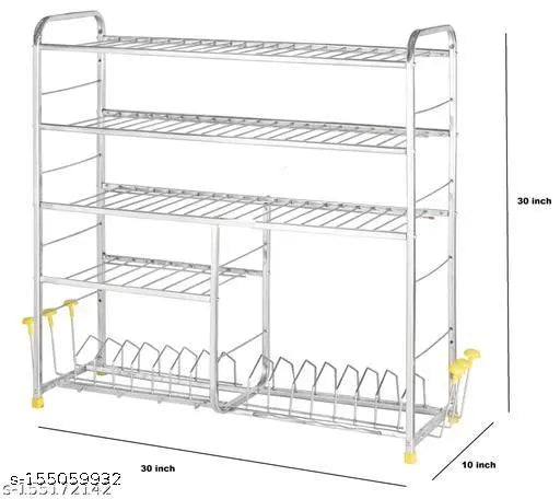 Stainless steel kitchen utensils rack, 5 shelves, wall mount, plate and cutlery stand, modular storage for kitchenware
