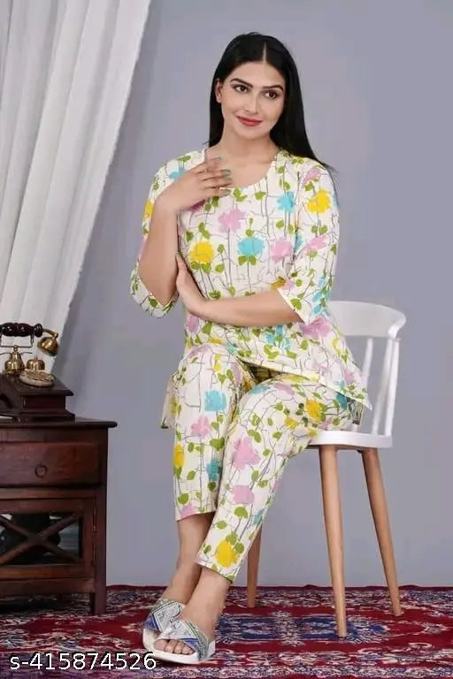 Multicolor cotton printed night suit top & pyjama coord set for women, stylish sleepwear with three-quarter sleeves