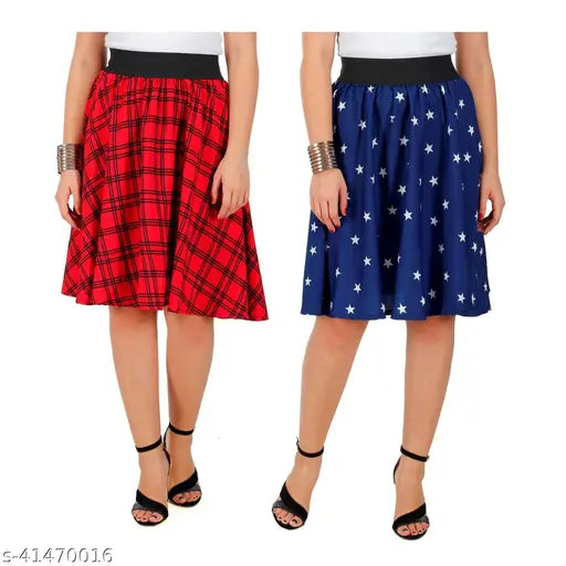 Red plaid skirt with black waistband, knee length