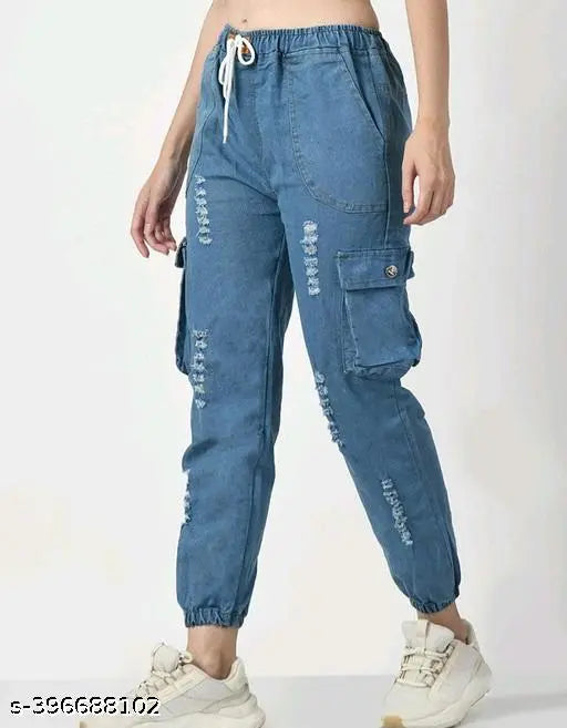Modern women's blue jeans with ripped details