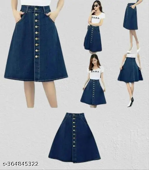 Navy Blue Side Pocket Buttoned A-Line Midi Denim Woman Skirt - Breathable, lightweight, and stylish denim skirt with adjustable waist for women's full length midi skirt, available in sizes from 26 to 46 (India)