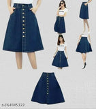 Navy Blue Side Pocket Buttoned A-Line Midi Denim Woman Skirt - Breathable, lightweight, and stylish denim skirt with adjustable waist for women's full length midi skirt, available in sizes from 26 to 46 (India)