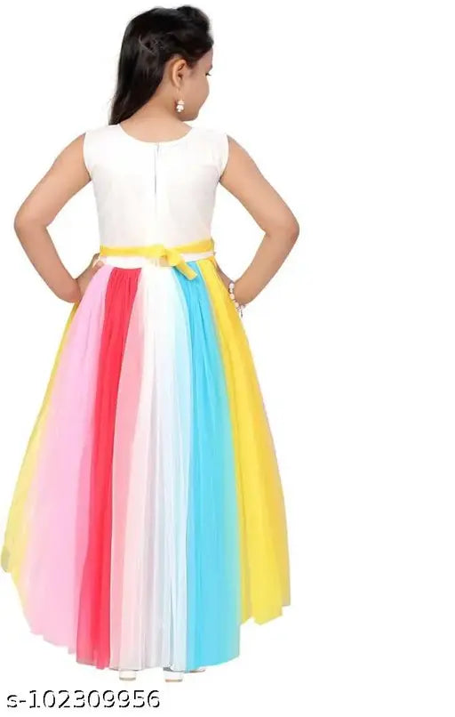 Multicolored silk blend dress with sleeves, long skirt, and yellow belt