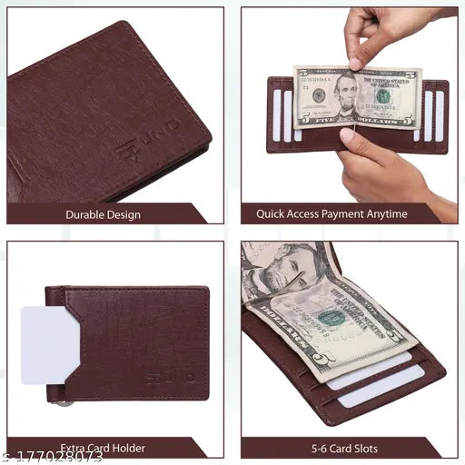 Brown PU men's money clip wallet, textured design, carries 7 cards + 2 secrets + 2 currencies. Premium artificial leather, compact size for pocket or travel. Made in India