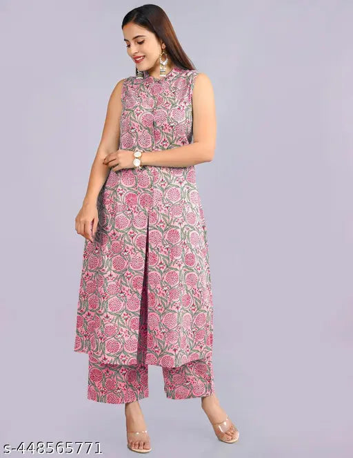 Cotton pink set, sleeveless kurta and pants with printed net pattern, single size available from XS to XXL