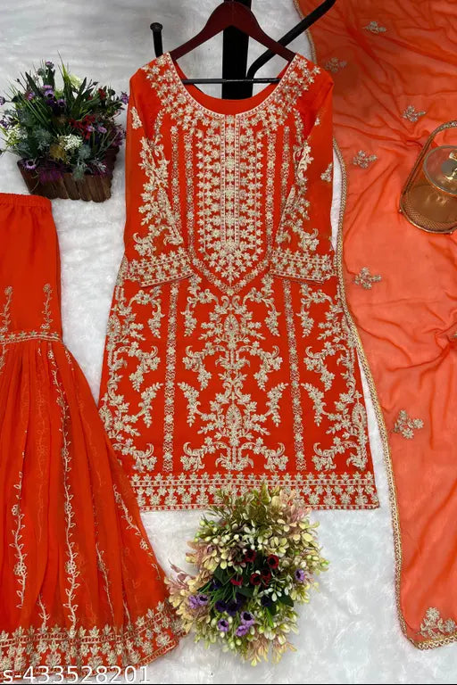 Indian bridal wear, red heavy embroidery sari and blouse set with dupatta, traditional design