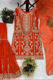 Indian bridal wear, red heavy embroidery sari and blouse set with dupatta, traditional design