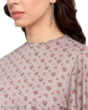 Beige cotton blend floral printed A-line top with high neck and flared sleeves - Style Quotient women's regular fit, India origin