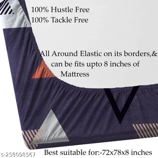 Cotton feel, geometric print, king size double bedsheet with pillow covers - Shiv Decor, elastic fitted for a snug fit, ideal for summer use (72 x 78 x 10)
