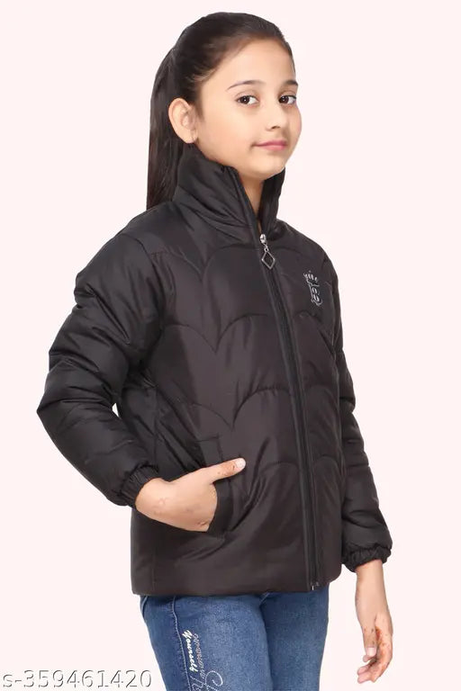 Black solid nylon kids jacket for girls