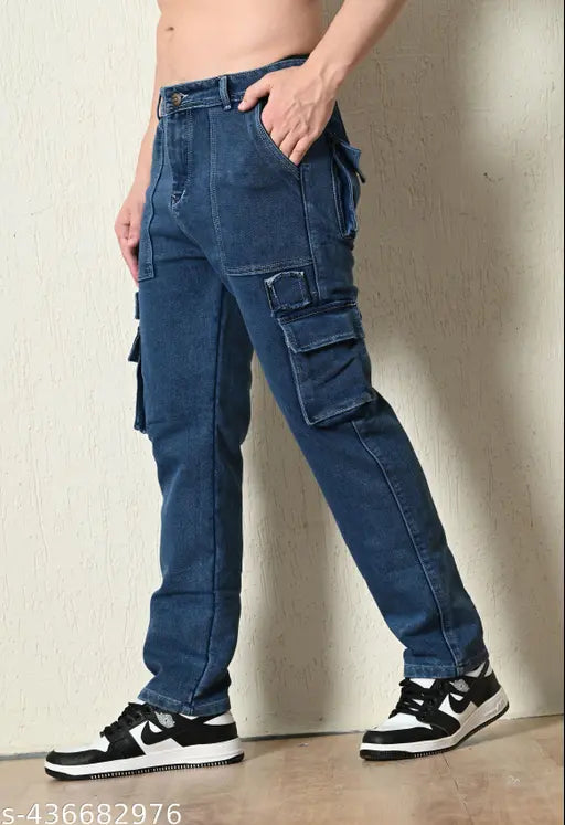 Men's blue denim cargo pants with multiple pockets