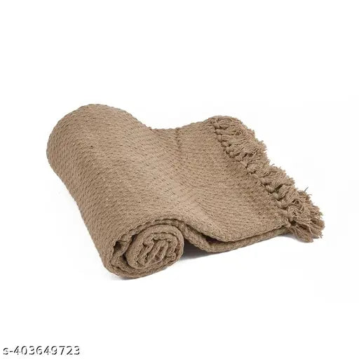 Large beige cotton sash, fringe edges, 1.3 x 1.8 meters, draped on flat surface