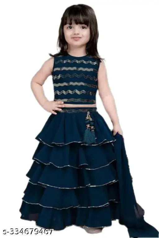 Kids georgette lehenga choli & dupatta set, embellished & ruffled, sleeveless, Indian traditional clothing for 3-14 years