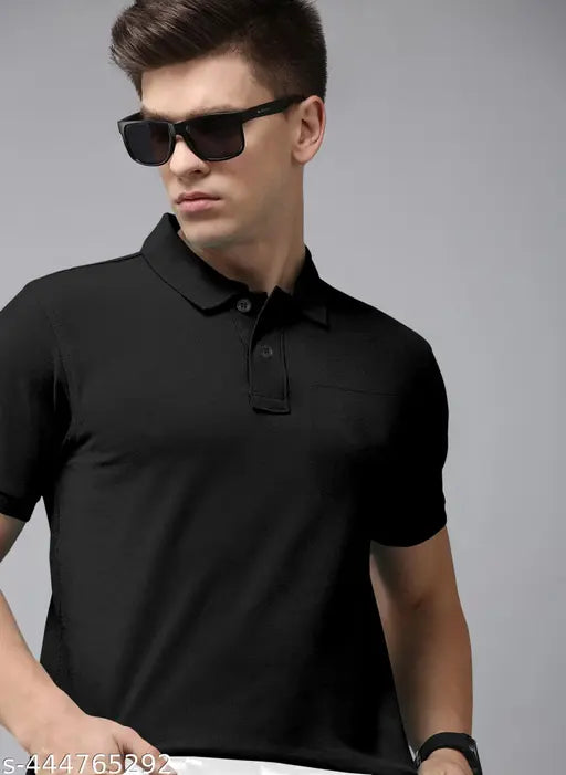 Men's black cotton polo T-shirt, short sleeves, solid color, versatile for formal and casual events, suitable for both men and women, Indian origin