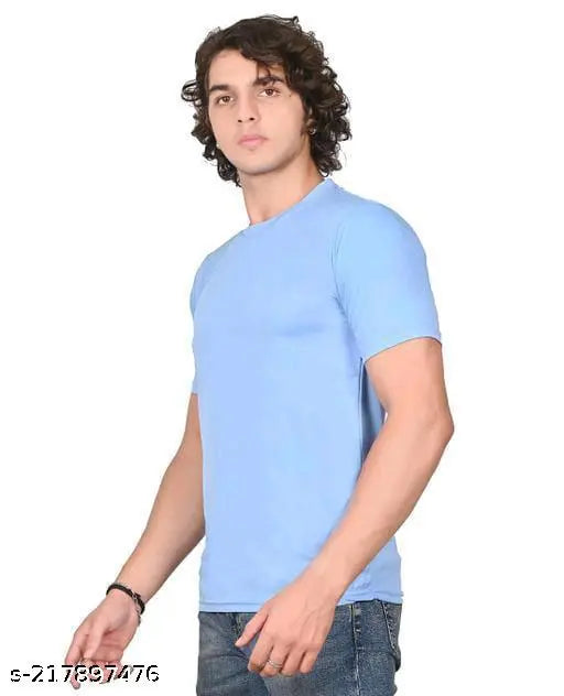 Sky blue polyester men's half sleeves T-shirt with round neck, great for a cool, comfortable fit