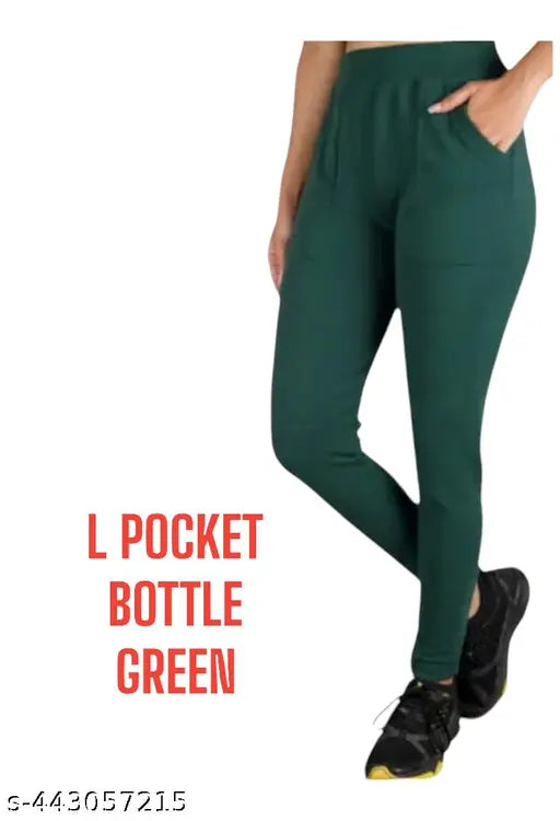 Bottle green cotton women's pocket jeggings, versatile high-waisted design for any occasion