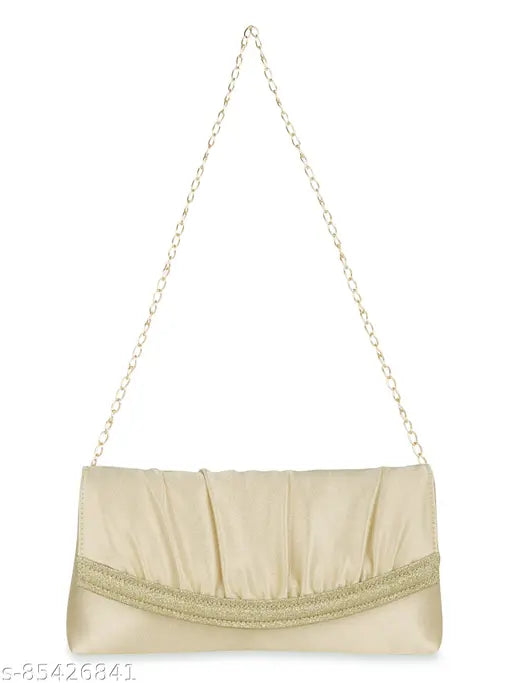 Cream satin beige handbag with gold trim