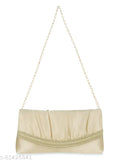 Cream satin beige handbag with gold trim