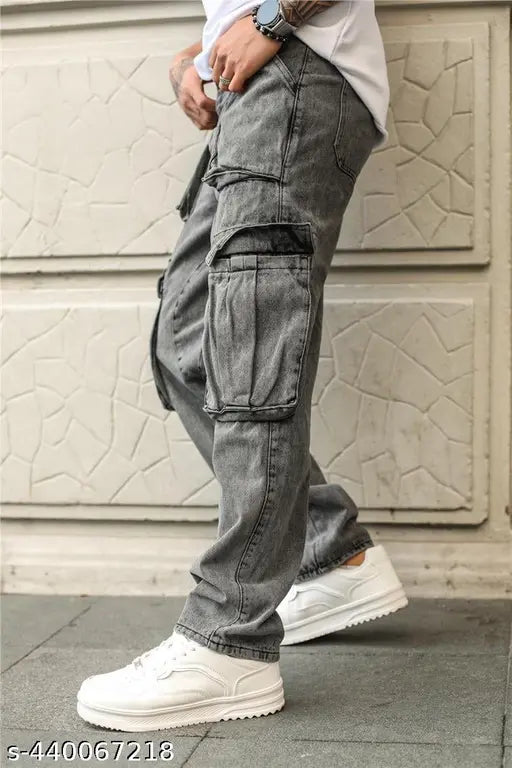 Denim baggy jeans for men, solid color, sizes 30-36 inches (India)