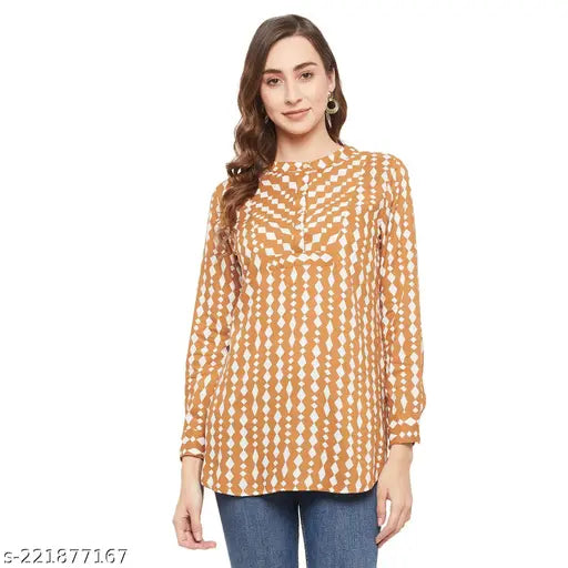 Mustard and white rayon printed tunic, long sleeves, women's clothing, Indian origin