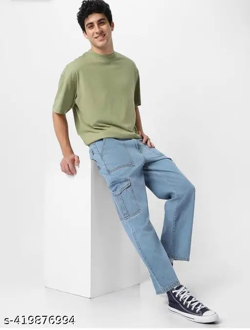 Light blue oversized cargo jeans for men, denim with six pockets - versatile casual wear